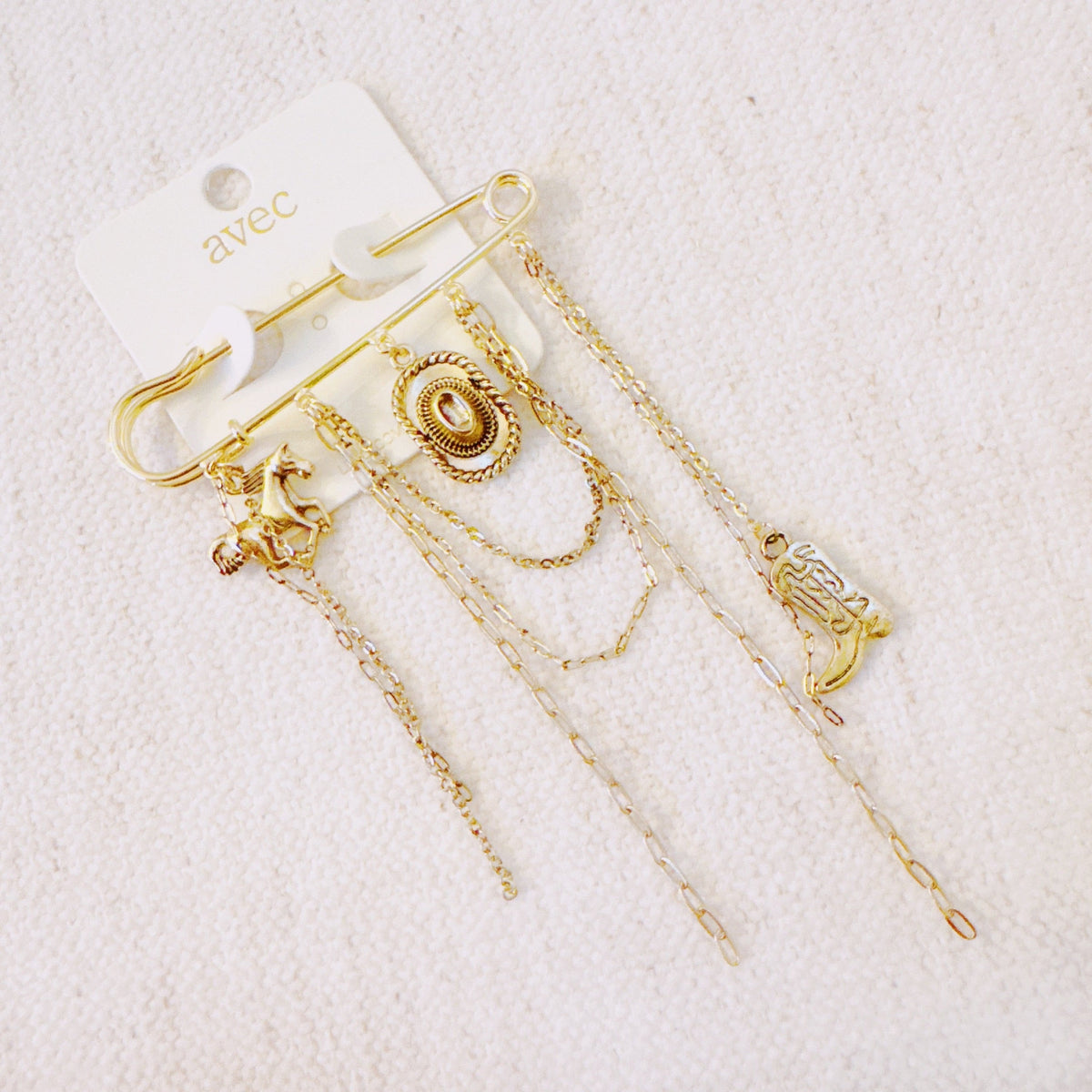 Western Charm Pin Brooch – Gold Safety Pin Style with Cowboy-Inspired Charms