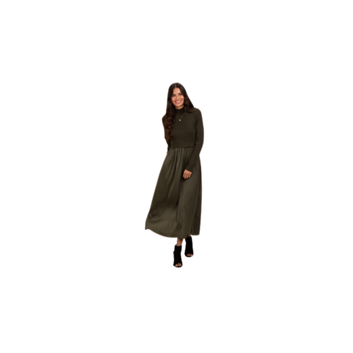 Olive Knit Contrast Top Satin Dress