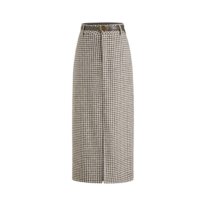 Houndstooth Plaid Skirt with Belt