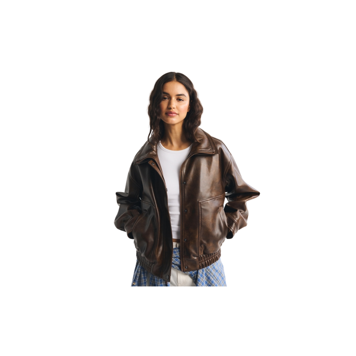 Funnel Neck Vegan Leather Bomber Jacket 