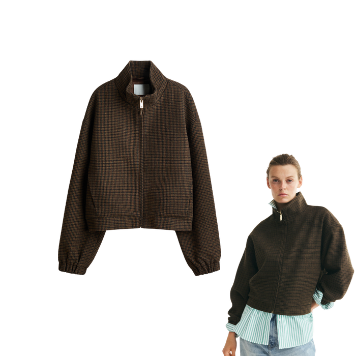 Houndstooth Stand Up Collar Wool Blend Jacket