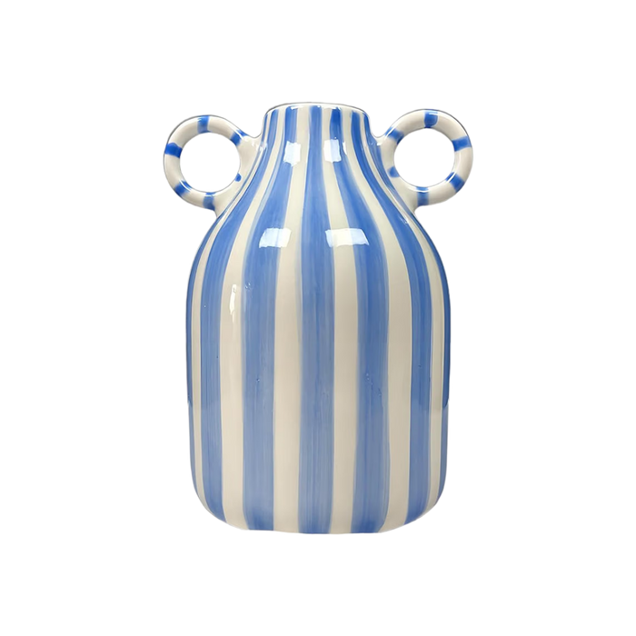 Blue and White Striped Ceramic Vase