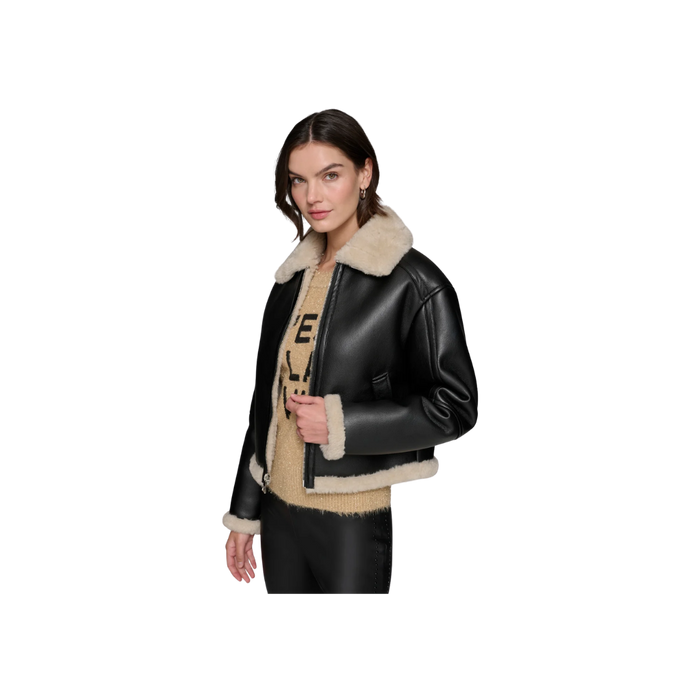 Cropped Faux Leather and Faux Shearling Jacket