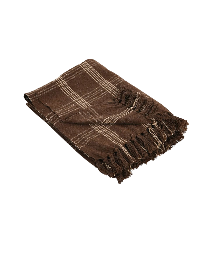Recycled Cotton Blend Throw Blanket with Fringe, Brown Plaid