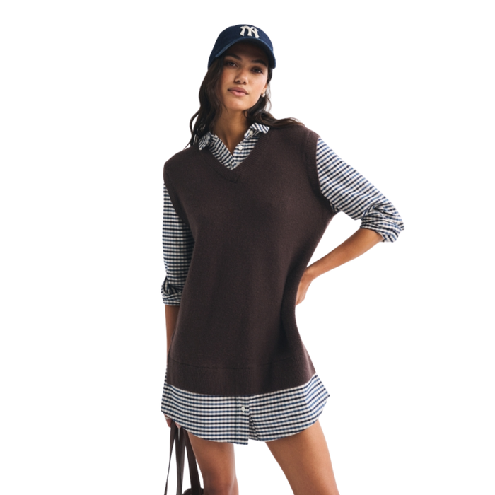 Merino Wool Blend Layered Collared Sweater Mini Dress
