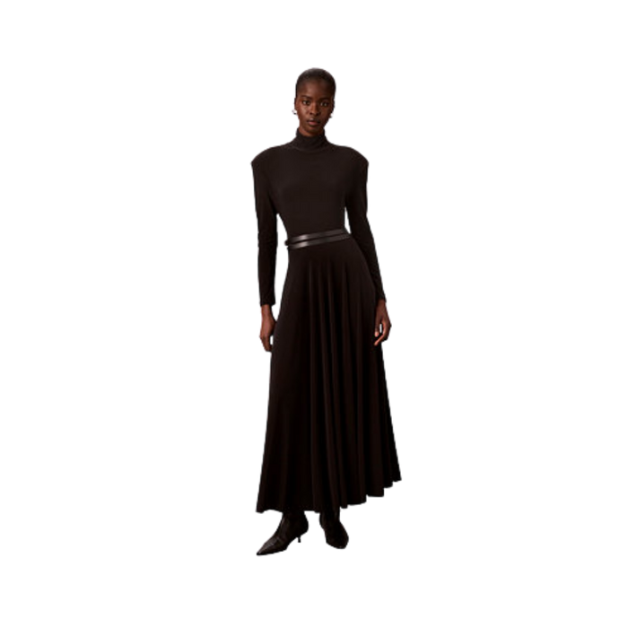 Women's Belted Long-Sleeve Turtleneck A-Line Dress