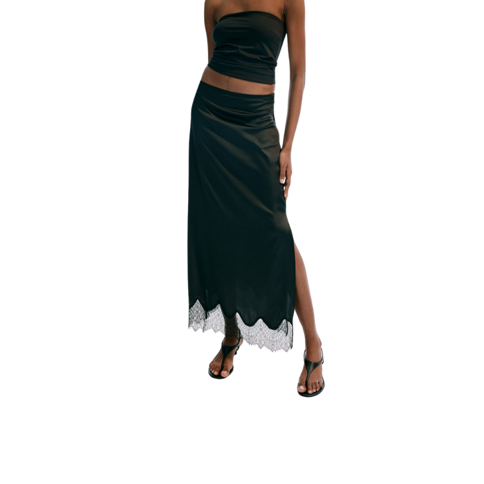 Black Lace-Trimmed Satin Skirt 