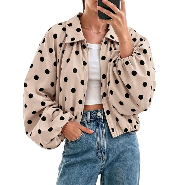 Polka Dot Jacket Puffed Sleeve Bomber Jacket