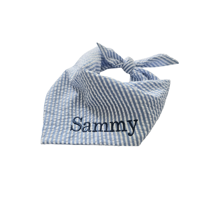 Custom Name Embroidered Blue Seersucker Dog Bandana