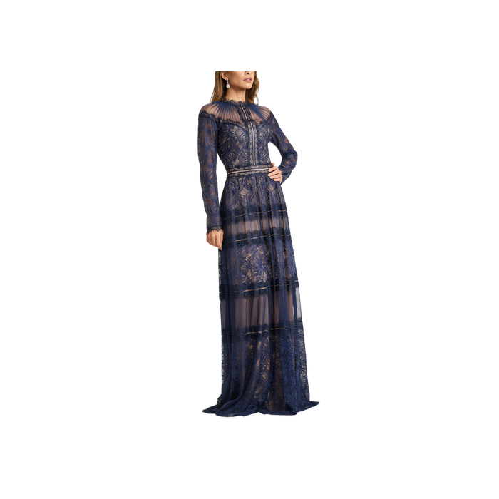 Tadashi Shoji - Lace Illusion Neck Long Sleeve Gown