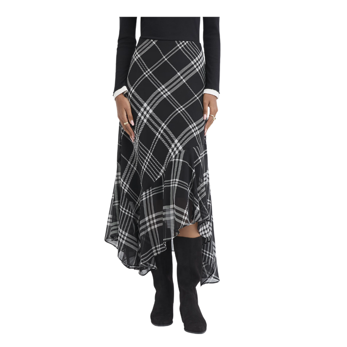Plaid Scarf Hem Midi Skirt