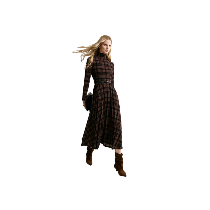 Plaid Pattern High Neck Flowy Hem Dress