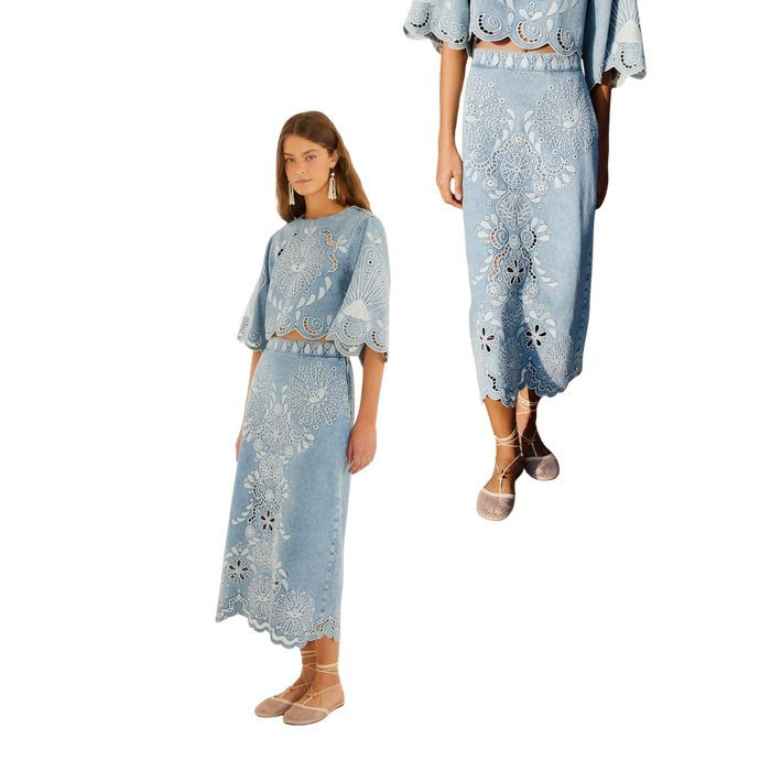 Denim Richelieu Wavy Hem Midi Skirt