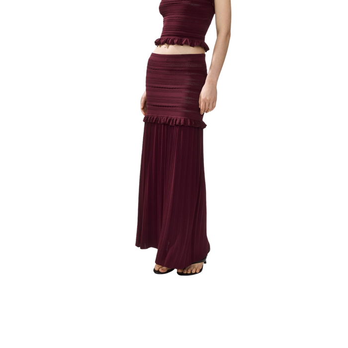 Burgundy Pleated Pointelle-Knit Skirt 