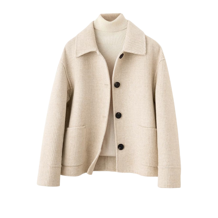 Houndstooth Plaid Cropped Wool Coat 
