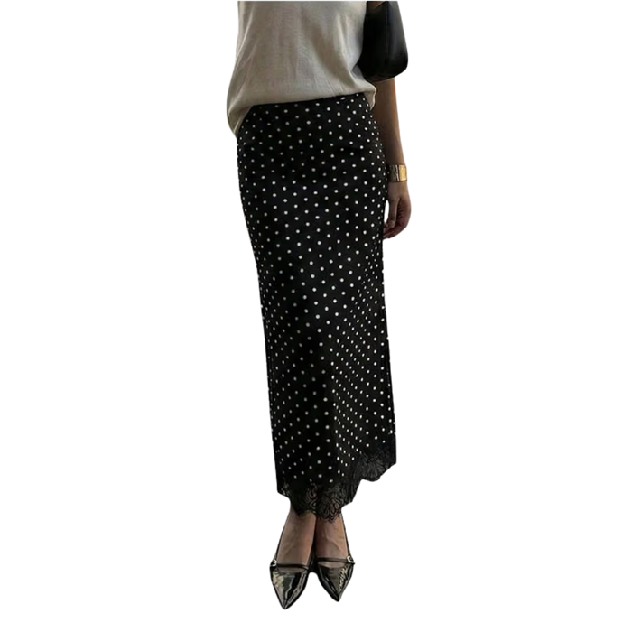 Polka Dots Lace Trim Fishtail Flowy Maxi Skirt