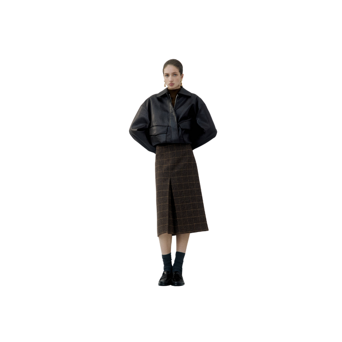 Wool Blend Check Midi Skirt