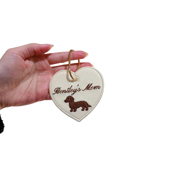 Custom Embroidered Dog Mom Heart Bag Tag – Personalized Dog Keychain