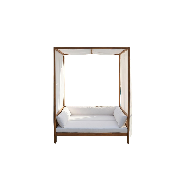 Outdoor Acacia Wood Daybed with Canopy, Curtains, Cushions, and Detachable Pillows