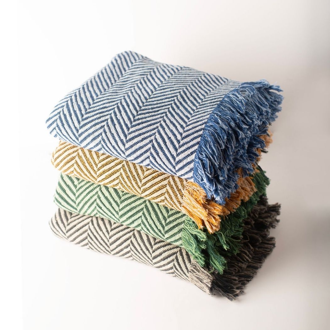 Henry Goldenrod Herringbone Jacquard Woven Throw Blanket, Reversible Cotton Throw, Made in USA